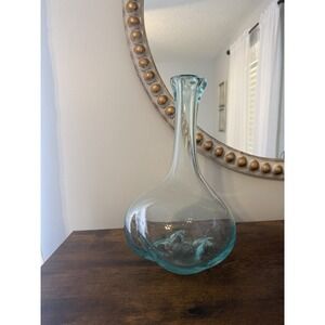 Hand Blown Studio‎ Art Glass Driftwood Vase Aqua Pontil Swirl Decanter